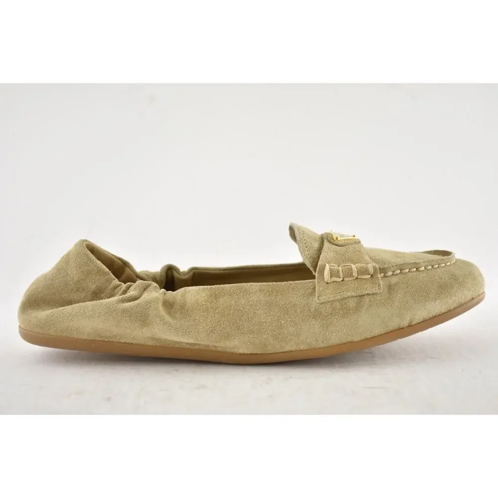 Prada Ecru Beige Suede Logo Scrunch Loafer Ballerina Ballet Moccasin Flat 38 - Picture 2 of 16